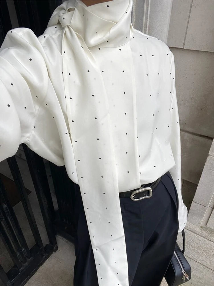 Elegant Women's Polka Dot Scarf Neck Blouses Long Sleeve Loose Shirts 2026 New Casual Commute Office Lady Tops White Black Brown