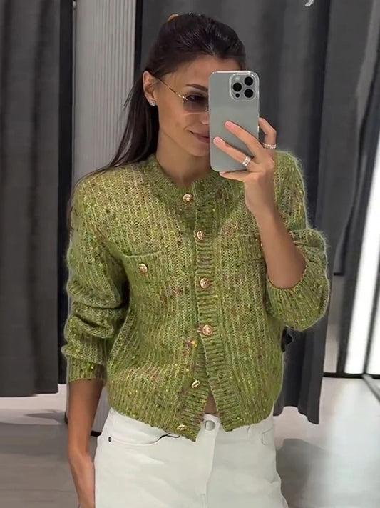 Women Crew Neck Knit Cardigan Single‑Breasted Metal Buttons Long Sleeve Cropped Sweater Coat Pockets Casual Knitwear Outerwear