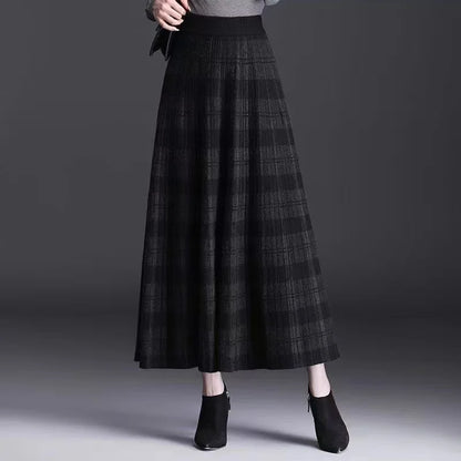 Women Checkered Knitted Skirt Autumn Winter Elastic High Waist A-line Long Skirt Female Thicken Plaid Knitted Sweater Skirts