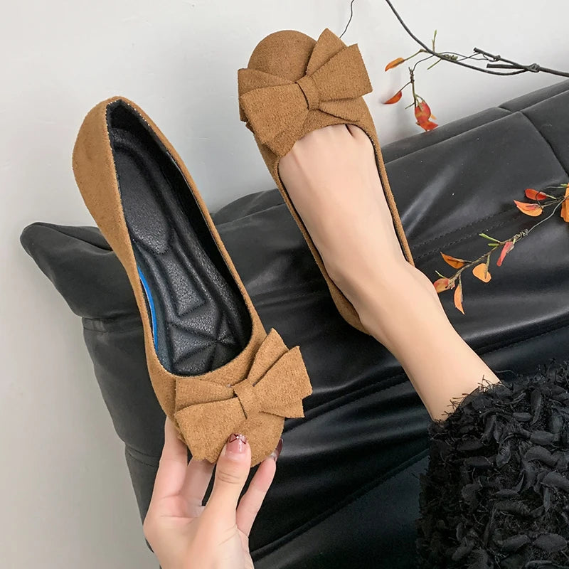 Women Sweet Big Bow Flats Shoes Soft Suede Round