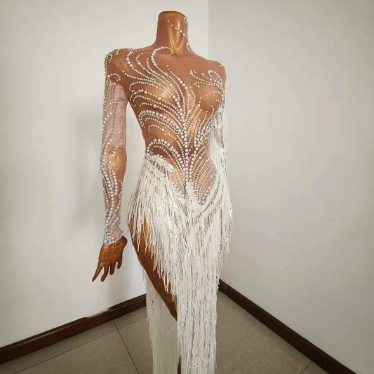 Silver White Rhinestone Pearl Fringe Latin Dance Long Dress for Women Birthday Celebrate Transparent Cloth Ballroom Competition
