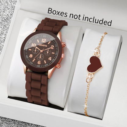 2PCS Fashion Women Quartz Watch Heart Bracelet Set Silicone Strape Decorative Sub‑Dials Wristwatch Relogio Feminino（Without Box）