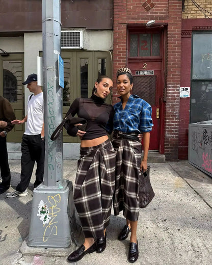 Plaid Skirt Women Checked Midi Skirt Fashion High Waist Pleated Irregular Slim Mid-length Bottom Lady Daily Commute Street Skirt