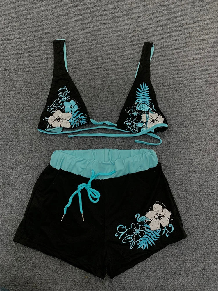Y2K Summer Dopamine Contrast Sexy Beach Vacation Bikini Suit Spice Girl Strap Flower Print Navel Split Two Piece Shorts Bra Suit