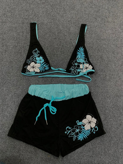 Y2K Summer Dopamine Contrast Sexy Beach Vacation Bikini Suit Spice Girl Strap Flower Print Navel Split Two Piece Shorts Bra Suit