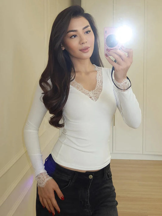 Women's Lace-Trim V-Neck Long-Sleeve Top