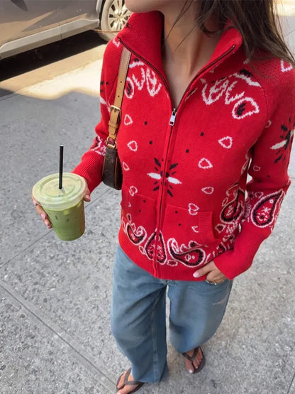Casual Women's Jacquard Knit Cardigan Loose Stand Collar Zipper Long Sleeve Pockets Sweater 2026 Autumn Lady Vintage Sweaters