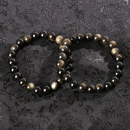 Natural Golden Obsidian Stone Beads Bracelet Men Women Golden Light Rainbow Obsidian Raw Stone Round Bead Natural Energy Jewelry