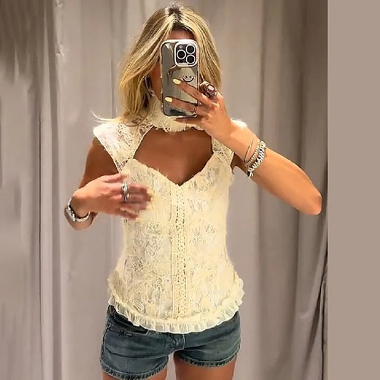 Elegant High Neck Cutout Lace Tank Tops Women Sleeveless Open Back Ruffles Hem Slim Ivory Floral Blouse 2026 New Daily Date Wear
