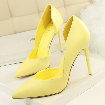 Summer Women 10.5cm High Heels Leather Pumps Female Escarpins Elegant Sweet Yellow Pink Stiletto Lady Wedding Heels Hollow Shoes