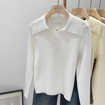 Polo Collar Knit Sweater Women Pullovers Casual Button Front Long Sleeve Rib-knit Jumper Chic Knitwear Trend Autumn Winter Tops