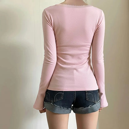 Women Solid Lace Trim Patchwork Button Flared Sleeves Shirt Casual V Neck Knit Top Y2k Aesthetic Fall Clothes Fairycore