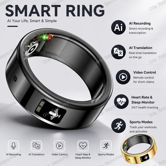 AI Recording Translation Smart Ring Heart Rate Blood Oxygen Sleep Monitor Touch Voice Recorder Sports Waterproof Smartring R12