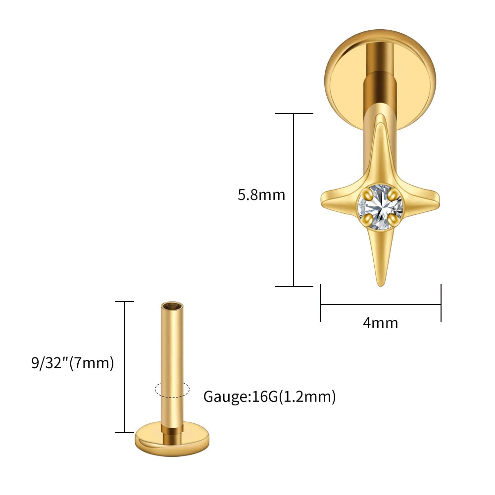 Right Grand ASTM F136 Titanium Four Point Star Flat Back Stud 16G Tiny CZ Cartilage Earring Helix Tragus Nose Piercing Jewelry