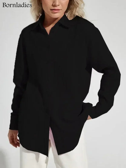 Bornladies 2025 Women's Spring Summer 100% Cotton Shirts Office Lady  Fashionable Solid Lady Long Sleeve Loose Tops Crepe Shirts