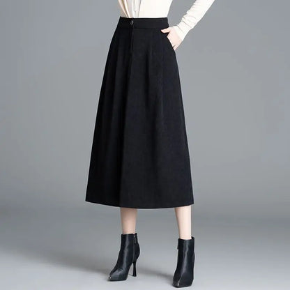 Women Autumn Winter Wool Blend A Line Midi Skirt High Waist Button Casual Office Bottoms