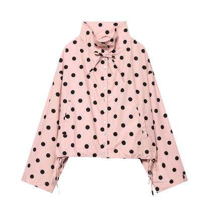 HH Woman Long Sleeve Pink Polka Dot Jacket Fashion Single Breasted High Collar Short Coat Women Spring Casual High Street Jacket