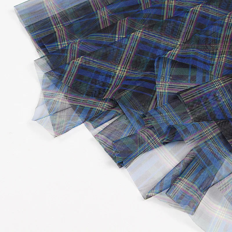 Women's High Waist Plaid Tulle Spliced Skirt Irregular Hem Design Sense Elegant Female Mid‑Length Skirts Office Party Faldas