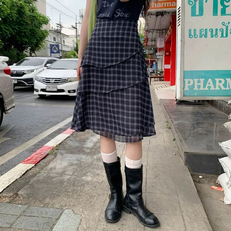 Womens High Waist Plaid Print Double Layer Ruffle Irregular Hem Midi Skirt