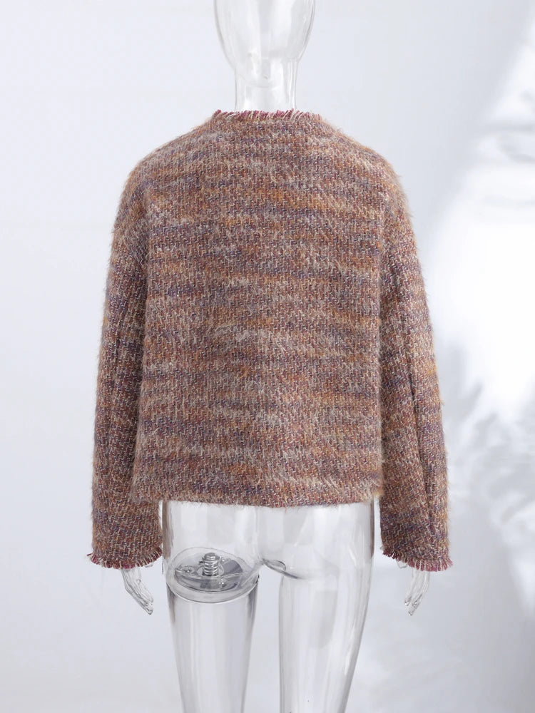 Elegant Tweed Short Coats Women's Loose Fringe Trim Full Sleeves Round Neck Jackets 2026 New Ladies Autumn Office Outwear