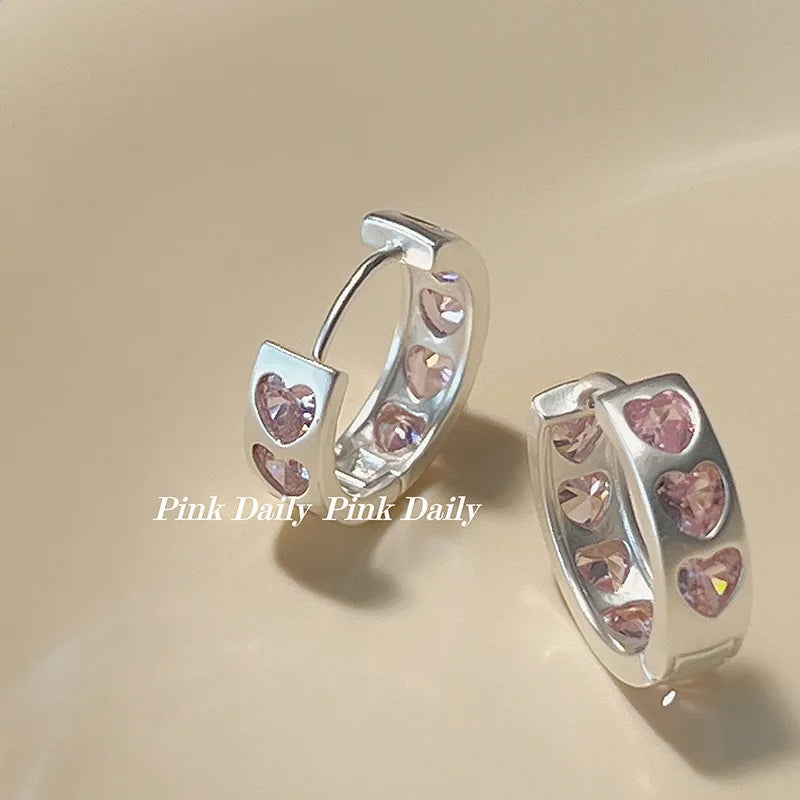 2024 New Design Sense Pink Zircon Heart-Shaped Earrings For Woman Party Sweet Fine Jewelry Gift