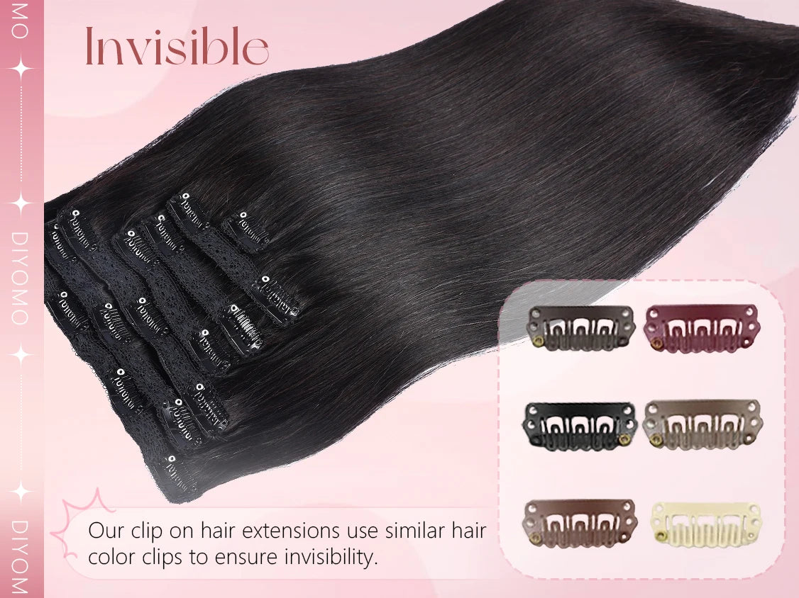 Natural Black Straight Human Hair Extensions Set of 7 PU Clip-In Invisible Wefts 116g Lightweight for Women Hairdressing