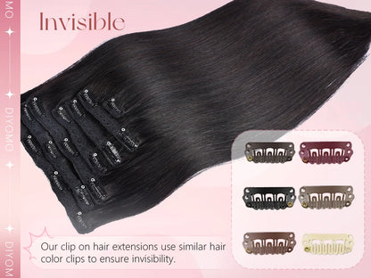 Natural Black Straight Human Hair Extensions Set of 7 PU Clip-In Invisible Wefts 116g Lightweight for Women Hairdressing