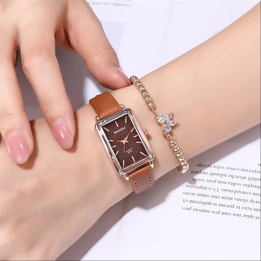 Fashion Rectangle Dial Quartz Women Leather Watch