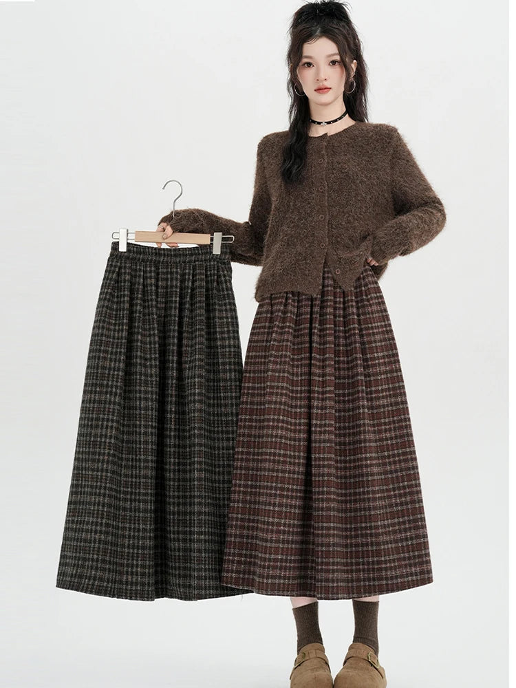 American Style Thickened Wool Vintage Plaid Midi Skirt Woman Elastic Waist Winter Casual A-Line Long Skirts Lady