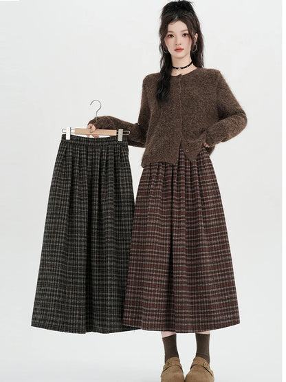 American Style Thickened Wool Vintage Plaid Midi Skirt Woman Elastic Waist Winter Casual A-Line Long Skirts Lady