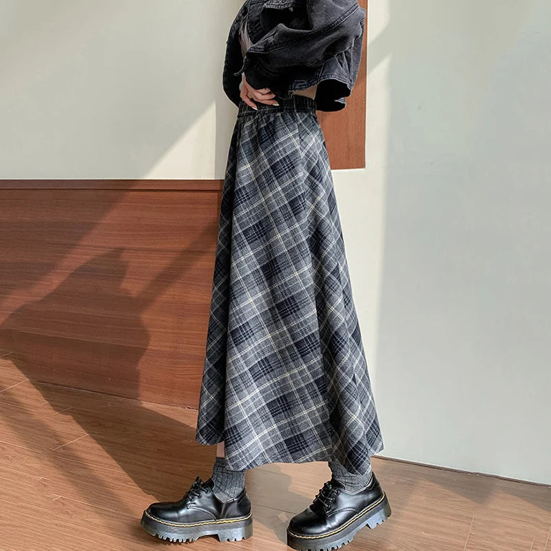 Women's Plaid Pleated A-Line Long Skirt