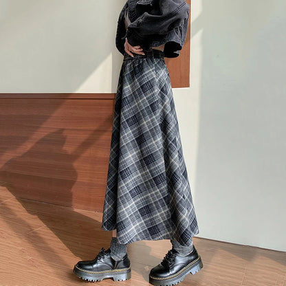 Women's Plaid Pleated A-Line Long Skirt