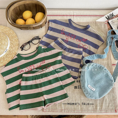 deer jonmi 2026 Summer Korean Style Unisex Kids Striped Outfits Embroidery Loose Tops Shorts 2pcs Toddlers Kids Clothing Sets