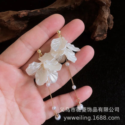 Exquisite Temperament Eternal Flower White Petals Pearl Long Tassels Dangle Earrings for Women Bride Wedding Charm Jewelry Gifts