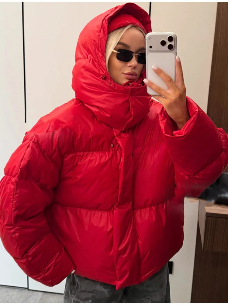 Women Bright Red Hooded Puffer Jacket Oversized Collar Horizontal Quilted Thick Padded Cropped Coat Warm Outerwear Winter Coats