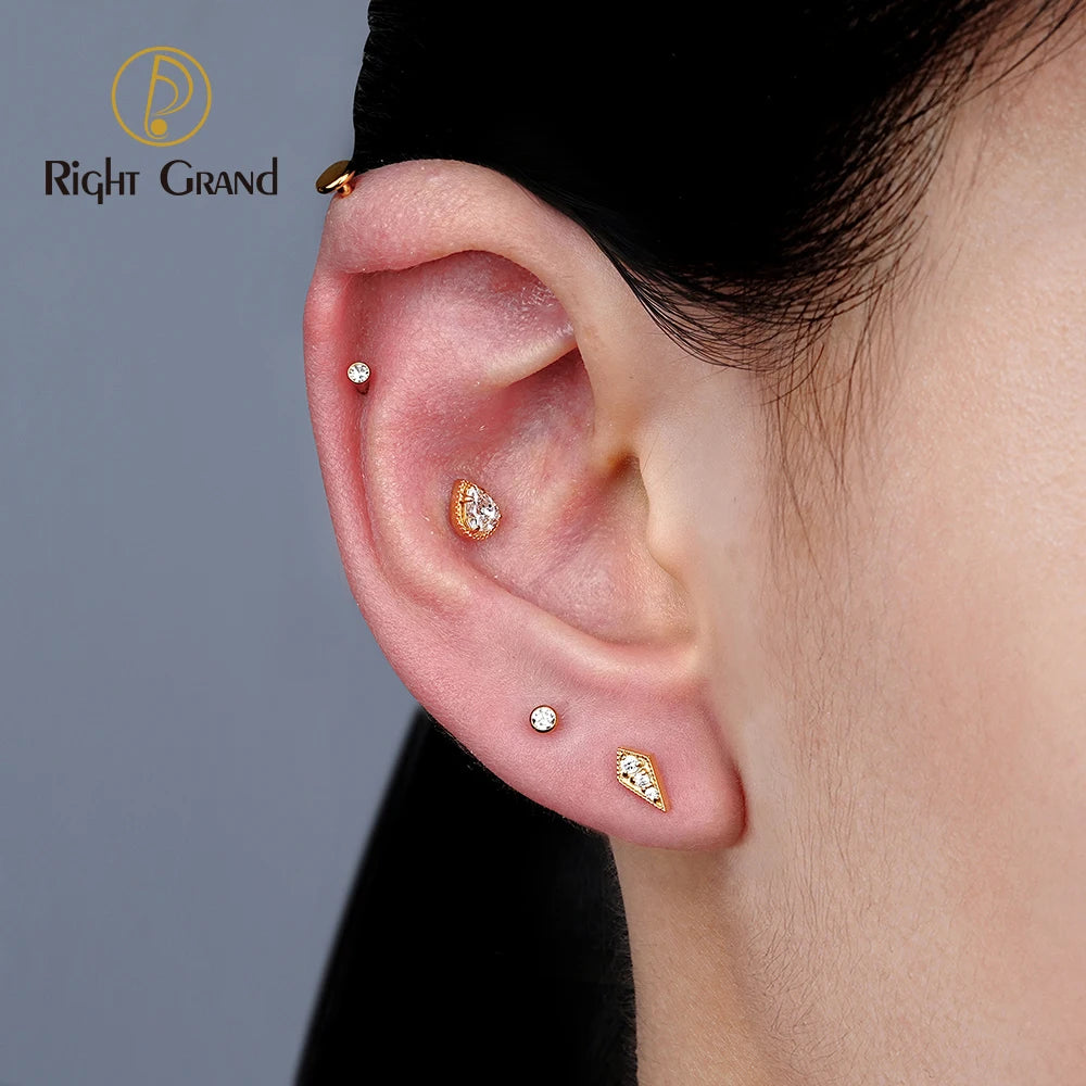 Right Grand ASTM F136 Titanium Teardrop CZ Cartilage Earring Threaded Labret Stud 16G Tiny Pear CZ Helix Conch Earlobe Piercing
