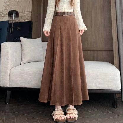 Qiukichonson Midi Long Skirts Womens Suede Skirt 2026 Autumn Winter Goth Vintage High Waist Ruffle Pleated Skirts Maxi With Belt