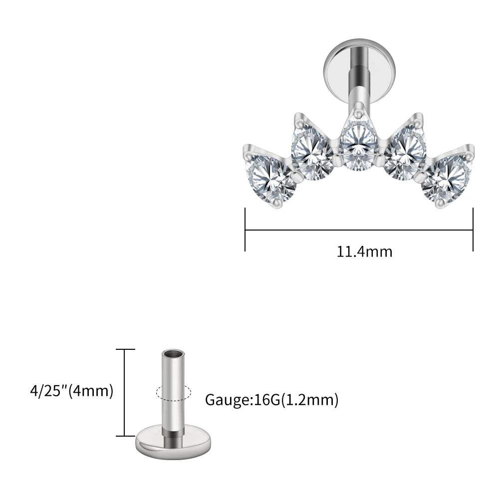 Right Grand ASTM F136 Titanium 5-Pear CZ Crown Cartilage Earring 16G Flat Back Stud Helix Tragus Labret Nose Piercing Jewelry