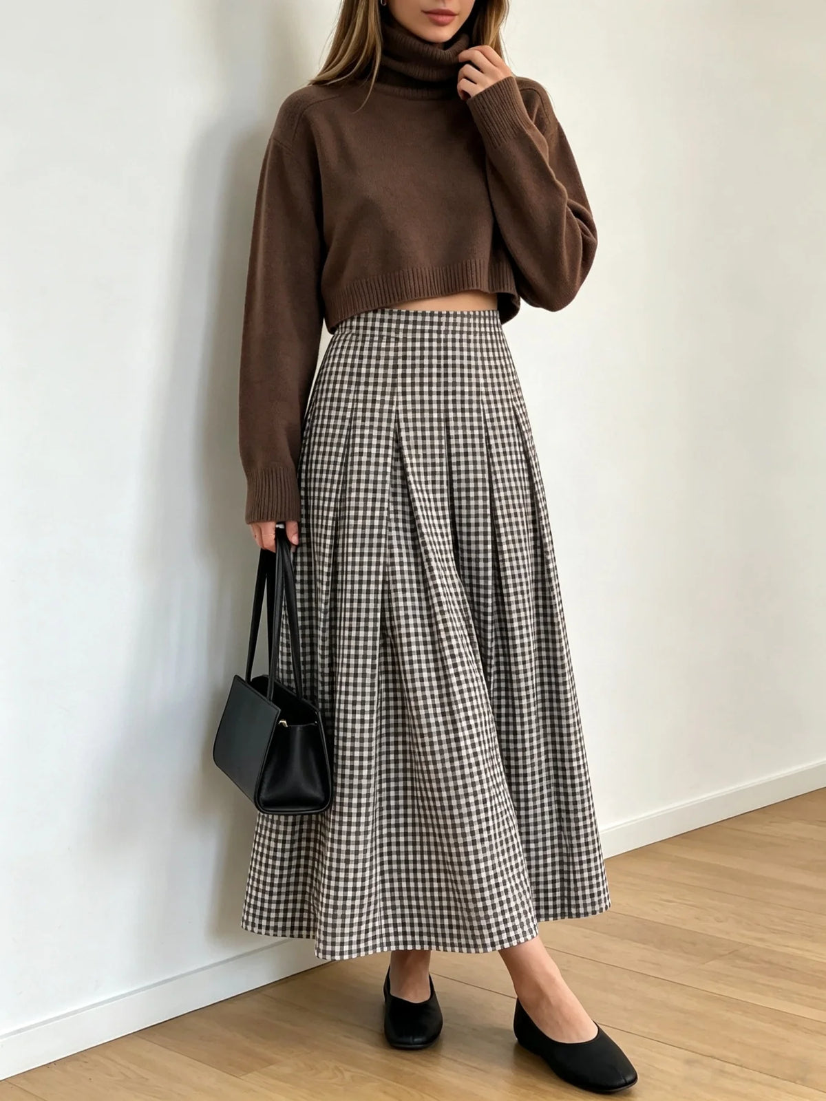 Women Spring Autumn Plaid Midi Skirt,High Waist Pleated A‑Line Long Skirt,Vintage Checkered Flowy Swing Skirts