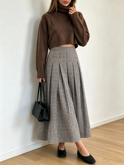 Women Spring Autumn Plaid Midi Skirt,High Waist Pleated A‑Line Long Skirt,Vintage Checkered Flowy Swing Skirts