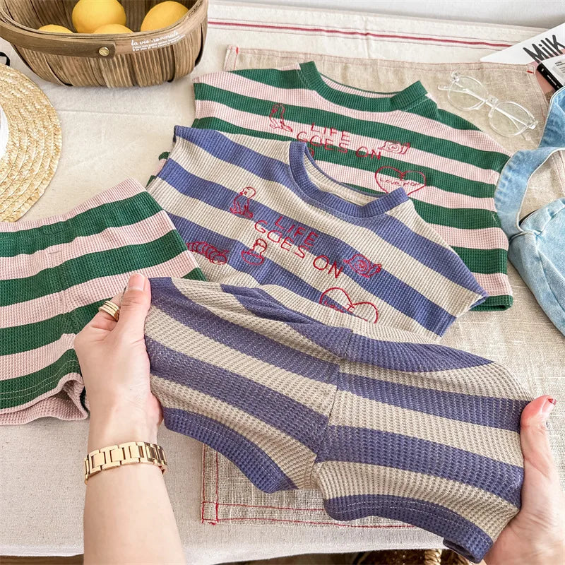 deer jonmi 2026 Summer Korean Style Unisex Kids Striped Outfits Embroidery Loose Tops Shorts 2pcs Toddlers Kids Clothing Sets