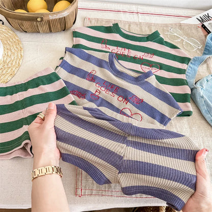 deer jonmi 2026 Summer Korean Style Unisex Kids Striped Outfits Embroidery Loose Tops Shorts 2pcs Toddlers Kids Clothing Sets
