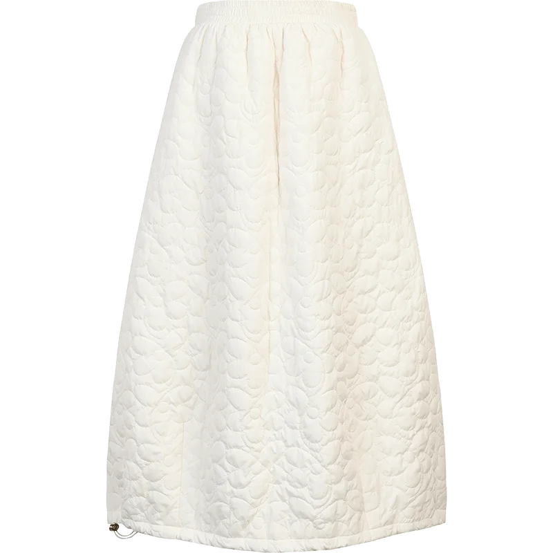 ELFSACK Women's White Quilted Midi Skirt with Pocket, Casual Loose Mid-Calf Skirt for Daily Wear, Cozy Aesthetic Bottom