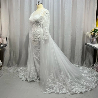 Customized Vestido De Noiva Lace Mermaid Wedding Dress with Detachable Skirt Backless Long Sleeve Bridal Wedding Gowns