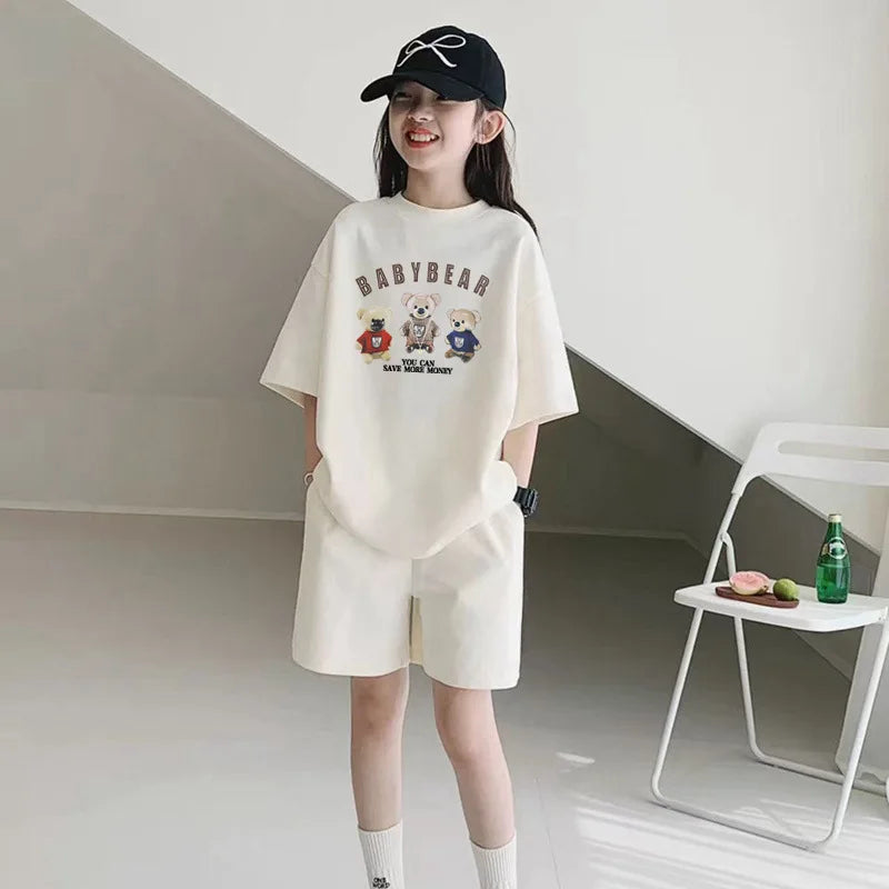 2026 SUMMER Children Set Girls Clothes Sport Tracksuit Teenager Bear Letter T-Shirt + Shorts Hot Pant 4 5 7 8 9 10 11 12 Years