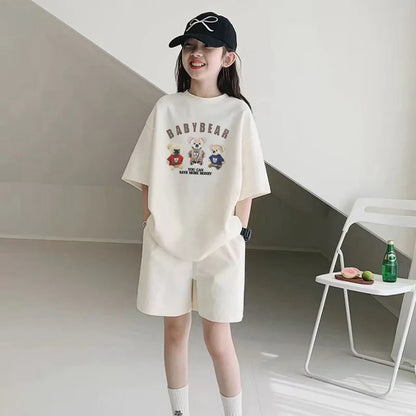 2026 SUMMER Children Set Girls Clothes Sport Tracksuit Teenager Bear Letter T-Shirt + Shorts Hot Pant 4 5 7 8 9 10 11 12 Years