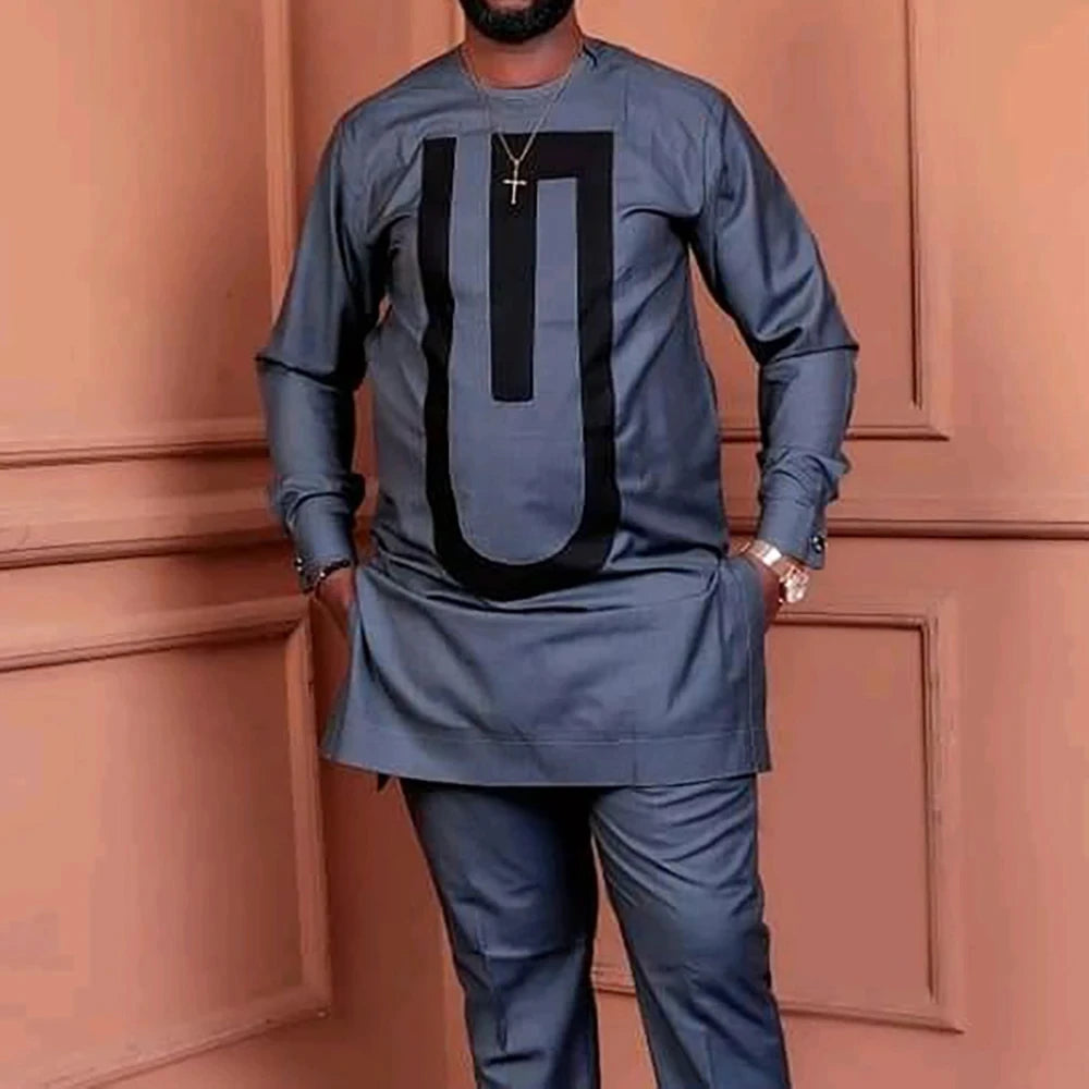 2025 African Men Dashiki Long Sleeve 2 Piece Set Traditional Outfit Africa Clothing White Men's Suit Male Shirt Pants Suits