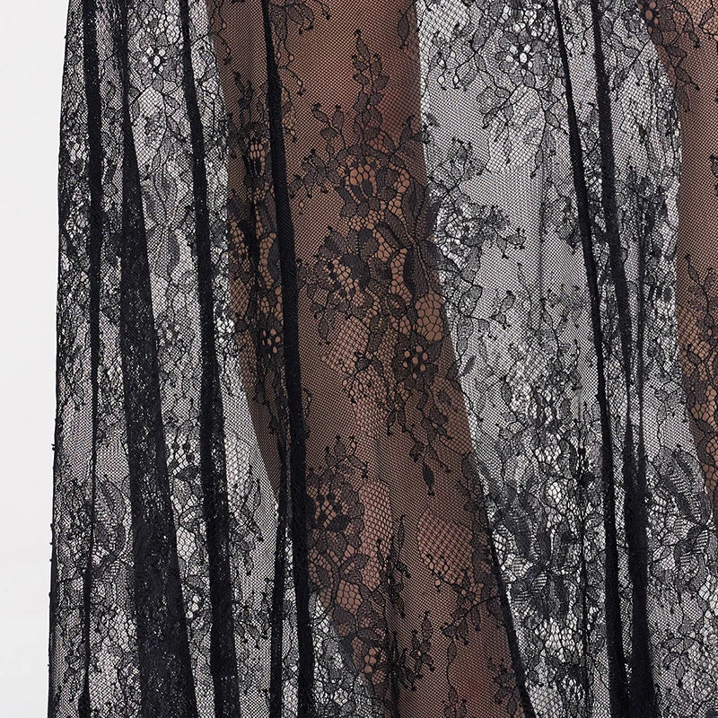 ELFSACK Romantic Lace Midi Skirt, Sheer See-Through A-Line Skirt, Elegant Slimming Long Skirt for Women