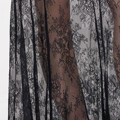 ELFSACK Romantic Lace Midi Skirt, Sheer See-Through A-Line Skirt, Elegant Slimming Long Skirt for Women