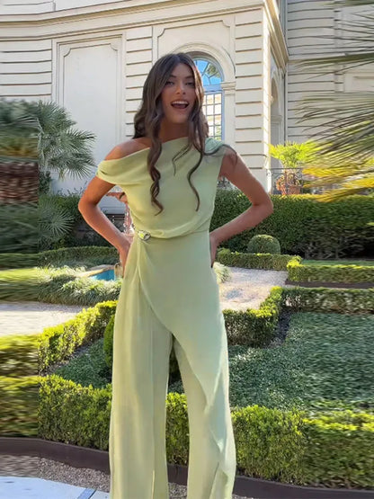 Women Pant Asymmetric One Shoulder Jumpsuit Chiffon Draped Overlay Wide Leg Pants Elegant Formal Party Casual Outfit For Ladies